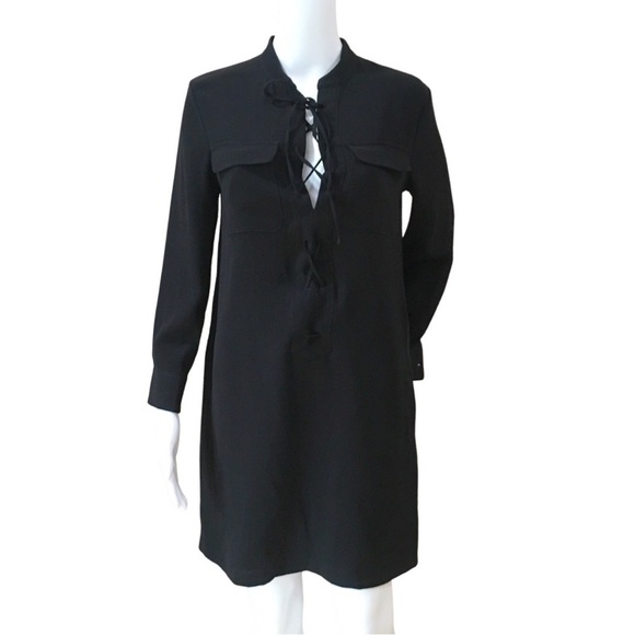 Theory jullitah admiral crepe Shirtdress lace up long sleeve mini black size 2 - Picture 2 of 7